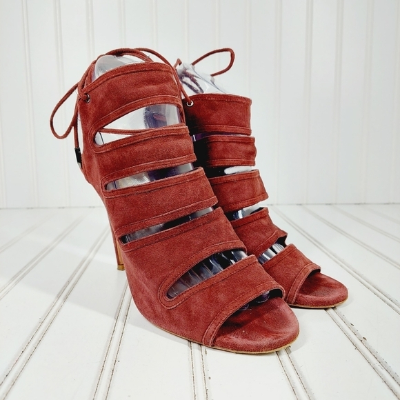 Aquazzura Sexy Thing Burgundy Lace Up Slip On High Heels Pep Toe Sandals B403 - Picture 4 of 13